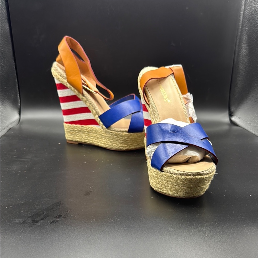 Shoe Dazzle Blue and Orange Espadrille Wedges